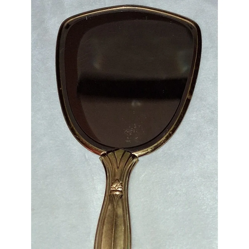 Vintage Floral Petit Point Hand Mirror Brass Tone Vanity Mirror 13.25